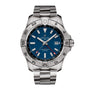 Breitling Avenger Automatic GMT 44 wristwatch in stainless steel with blue dial, date at 3 o’clock, silver bezel, metal bracelet, and water resistance.