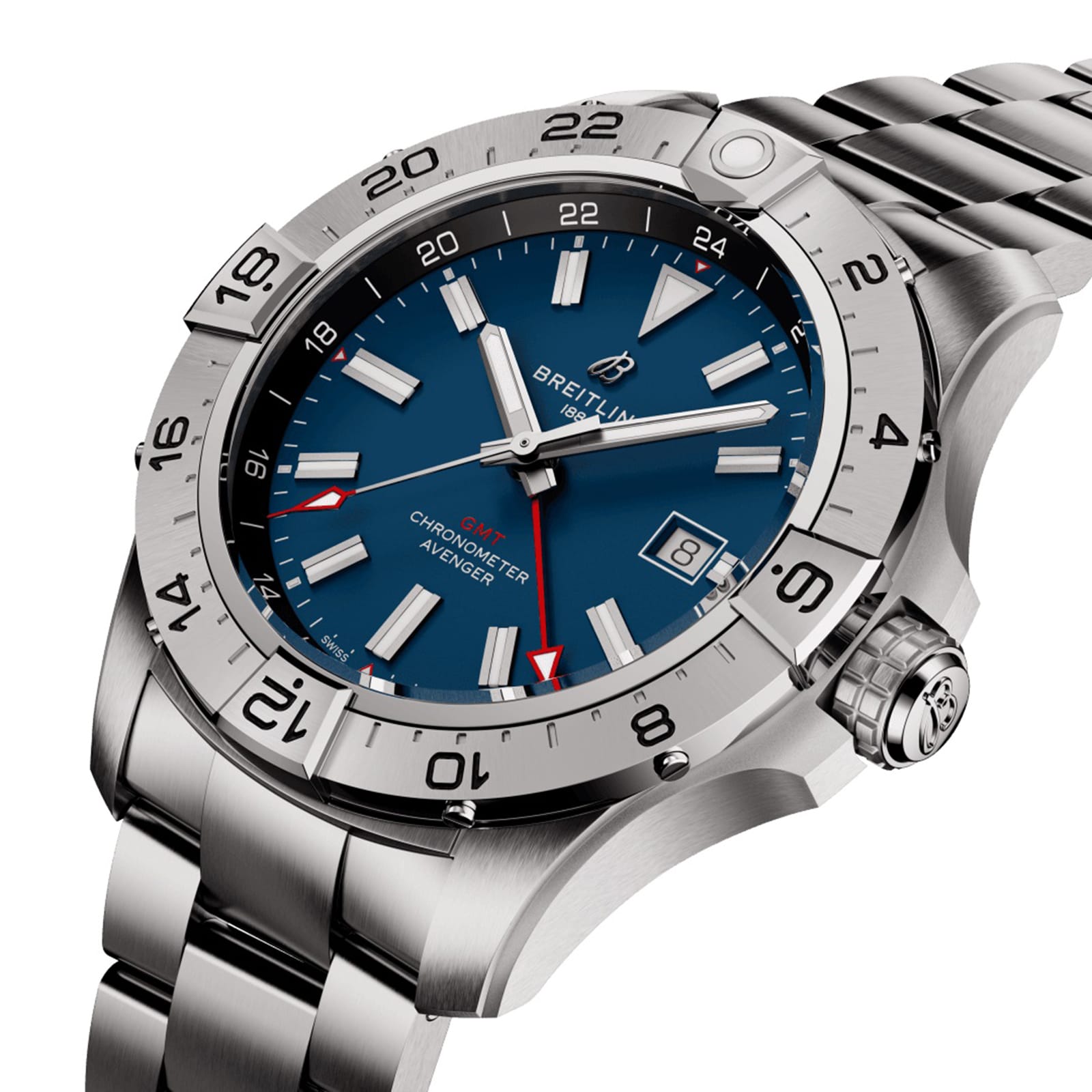 The Breitling Avenger Automatic GMT 44 features water-resistant stainless steel, a blue dial with silver hour markers, a date window, and a silver bezel, shown at an angle on its metal bracelet.