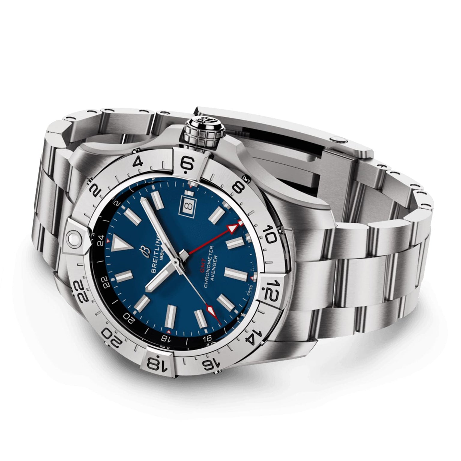 The Breitling Avenger Automatic GMT 44 is a stainless steel wristwatch with a blue dial, date display, silver hour markers, metal link bracelet, rotating bezel, and water resistance.
