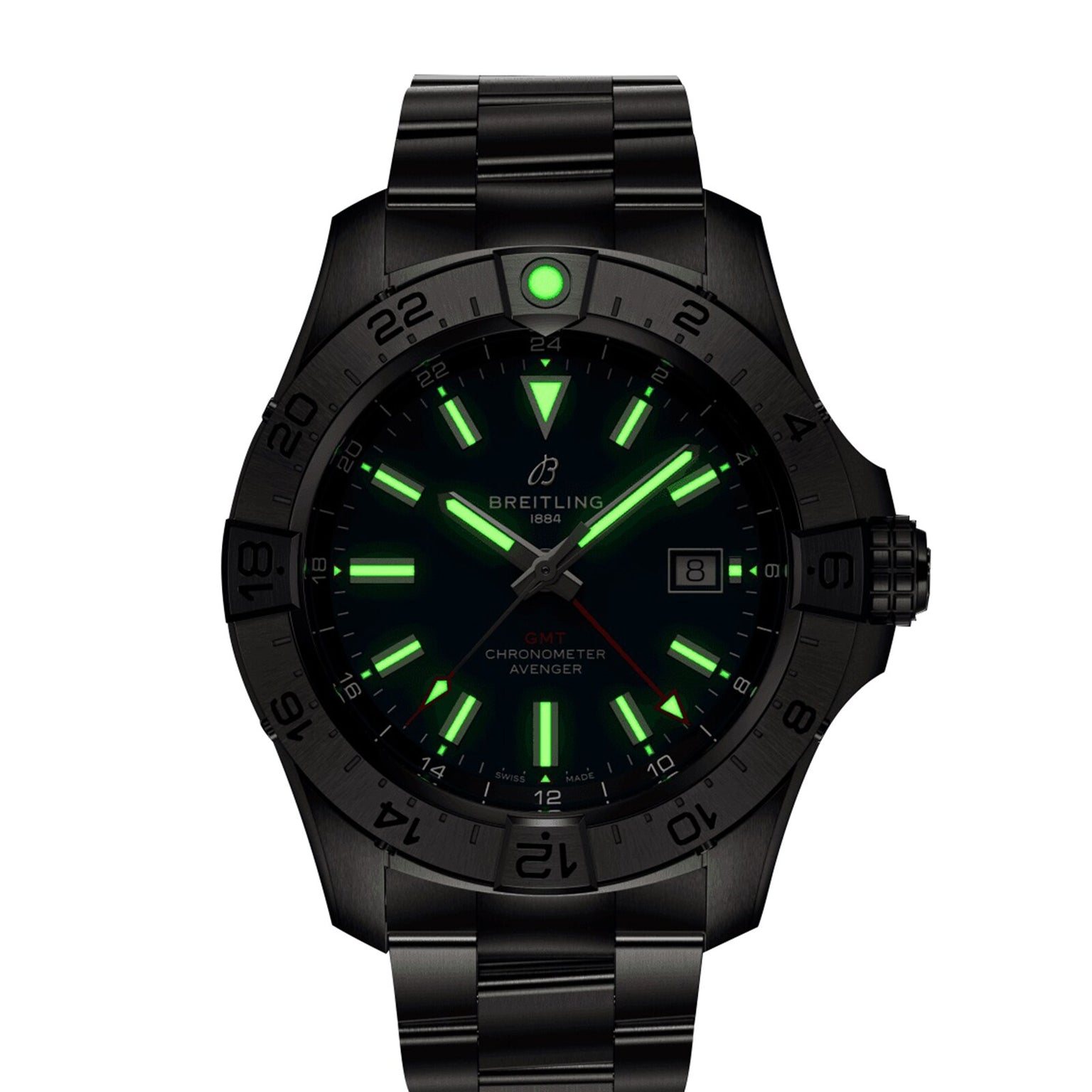 The Breitling Avenger Automatic GMT 44, in black with luminous green markers and hands, date window at 3 o’clock, and a stainless steel bracelet, is shown against a white background. Water resistant for daily durability.