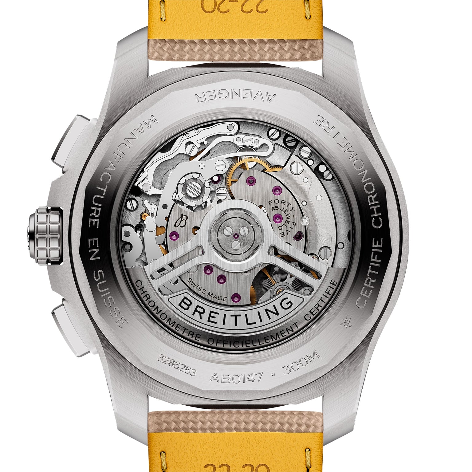 Close-up of the Avenger B01 Chronograph 44 by Breitling, showcasing its detailed Breitling 01 mechanical movement through a transparent caseback, reflecting the watch’s bold and military-inspired design.