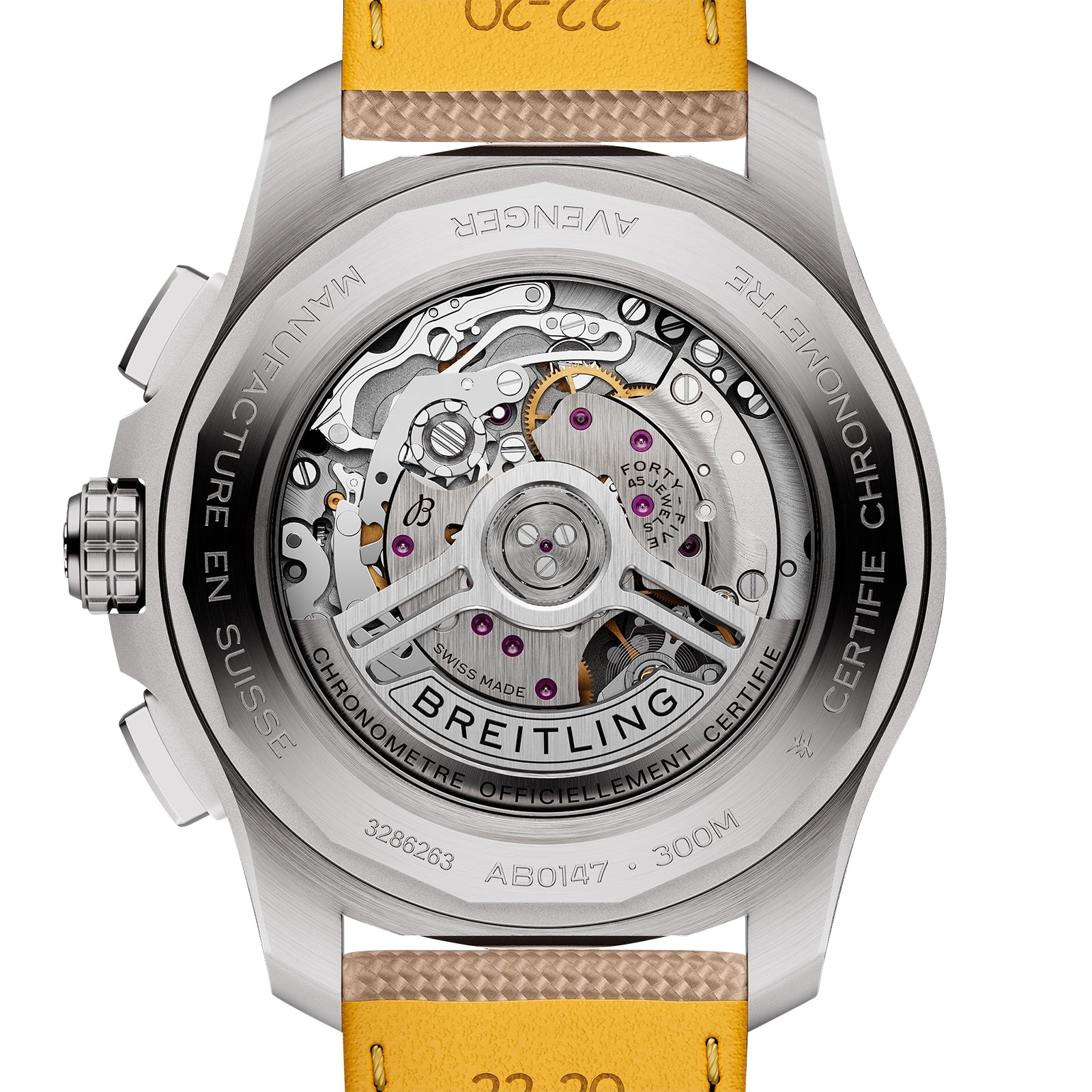 Close-up of the Avenger B01 Chronograph 44 by Breitling, showcasing its detailed Breitling 01 mechanical movement through a transparent caseback, reflecting the watch’s bold and military-inspired design.