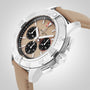 The Breitling Avenger B01 Chronograph 44 features a stainless steel case, beige dial with three black subdials, tan textured strap, and bold side buttons for a striking military-inspired look.