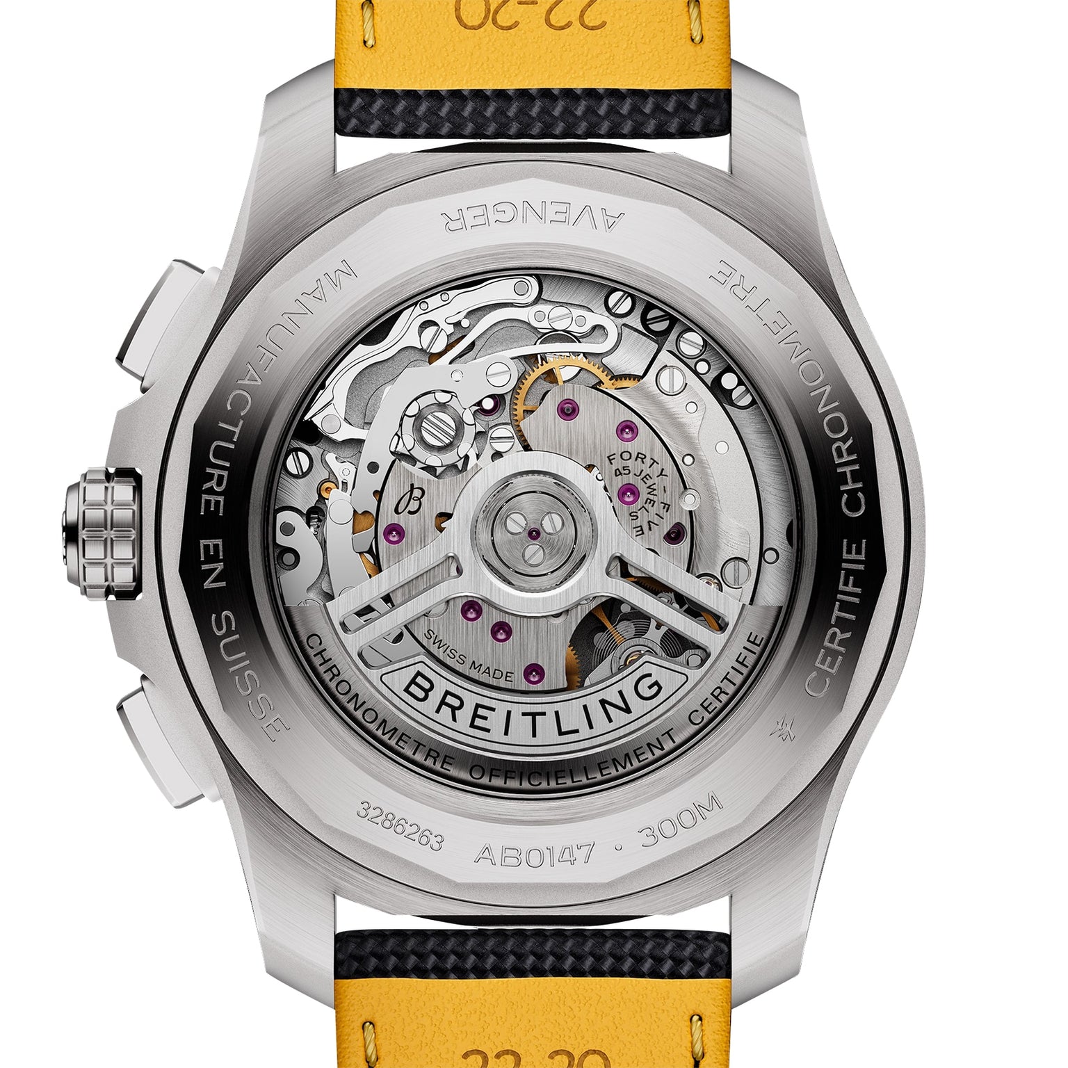 Back view of the Breitling Avenger B01 Chronograph 44, highlighting its detailed mechanical movement with the Breitling 01 caliber and labeled rotor, set in a stainless steel case back with engraved text and bold military-inspired design.
