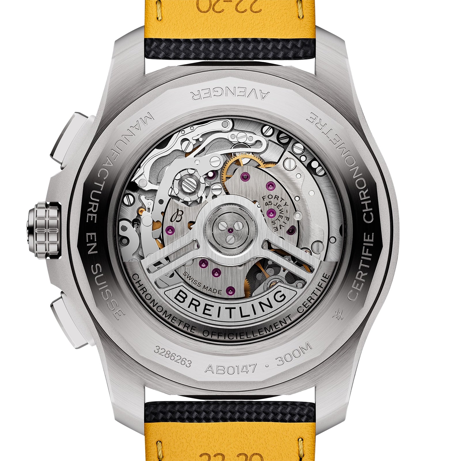 Back view of the Breitling Avenger B01 Chronograph 44, highlighting its detailed mechanical movement with the Breitling 01 caliber and labeled rotor, set in a stainless steel case back with engraved text and bold military-inspired design.