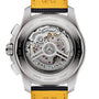 Back view of the Breitling Avenger B01 Chronograph 44, highlighting its detailed mechanical movement with the Breitling 01 caliber and labeled rotor, set in a stainless steel case back with engraved text and bold military-inspired design.