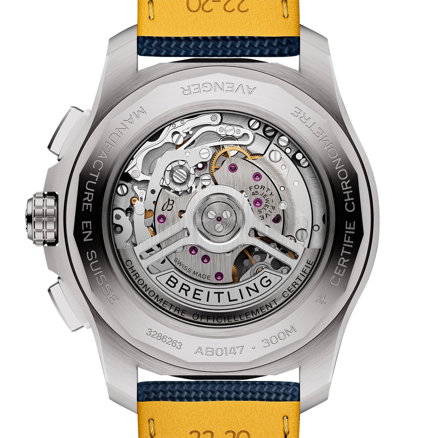 Close-up of the back of the Breitling Avenger B01 Chronograph 44, showing its self-winding mechanical movement through the transparent case back.