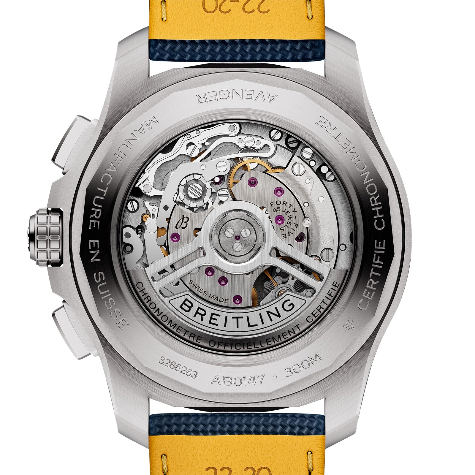 Close-up of the back of the Breitling Avenger B01 Chronograph 44, showing its self-winding mechanical movement through the transparent case back.
