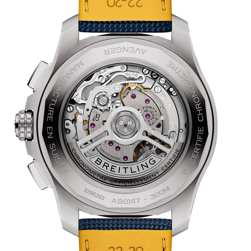 Close-up of the back of the Breitling Avenger B01 Chronograph 44, showing its self-winding mechanical movement through the transparent case back.