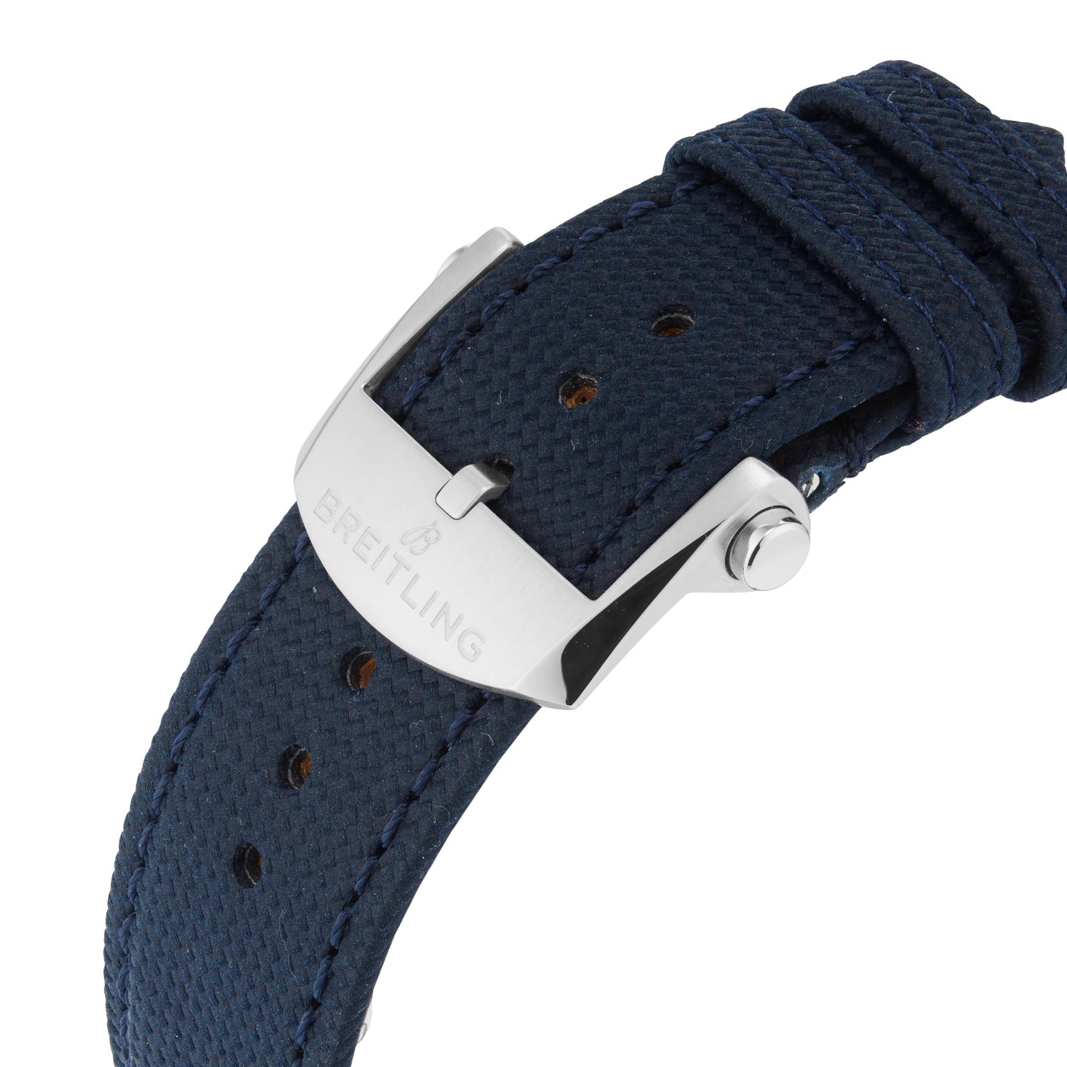 Close-up of the blue textured strap from Breitling’s Avenger B01 Chronograph 44, featuring a silver buckle engraved with the Breitling logo.