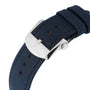 Close-up of the blue textured strap from Breitling’s Avenger B01 Chronograph 44, featuring a silver buckle engraved with the Breitling logo.