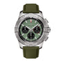 The Breitling Avenger B01 Chronograph 44 is a stainless steel watch featuring a green dial, three black subdials, a rotating bezel, and a textured green strap inspired by military uniforms.