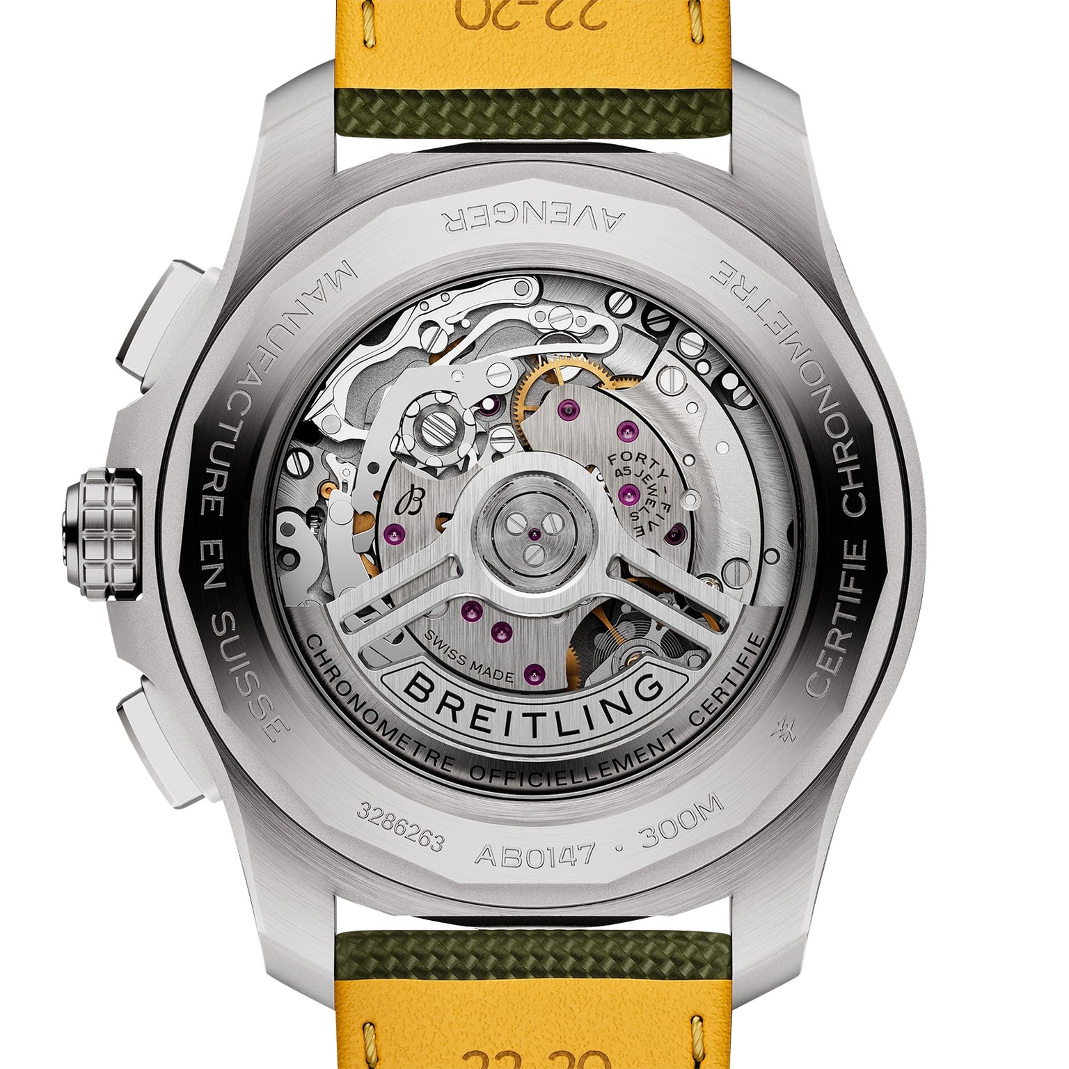 Close-up of the back of the Breitling Avenger B01 Chronograph 44 showcases its inner mechanical movement through a transparent case back with engraved branding, Swiss certification details, and an impressive 70-hour power reserve.