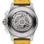 Close-up of the back of the Breitling Avenger B01 Chronograph 44 showcases its inner mechanical movement through a transparent case back with engraved branding, Swiss certification details, and an impressive 70-hour power reserve.
