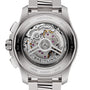 Close-up of the back of the Breitling Avenger B01 Chronograph 44, showing its exposed automatic movement and engraved aviation design details on the stainless steel case.