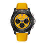The Breitling Avenger B01 Chronograph 44 Night Mission features a vibrant yellow dial, black bezel, three black subdials, and a textured yellow strap with bold black-and-white hands and numerals for high legibility.