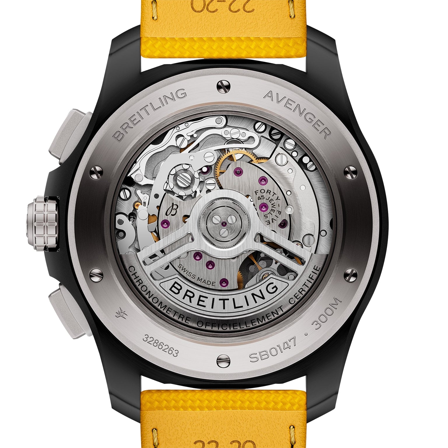 Close-up view of the back of a Breitling Avenger B01 Chronograph 44 Night Mission, featuring its exposed Breitling 01 calibre movement, labeled components, and a distinctive yellow leather strap.