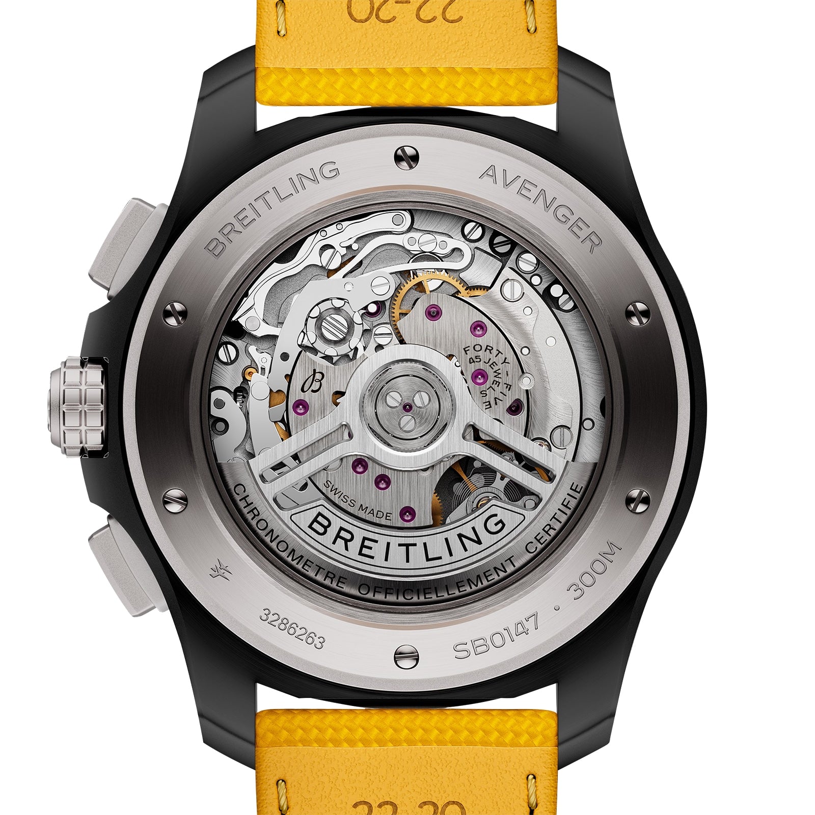 Close-up view of the back of a Breitling Avenger B01 Chronograph 44 Night Mission, featuring its exposed Breitling 01 calibre movement, labeled components, and a distinctive yellow leather strap.