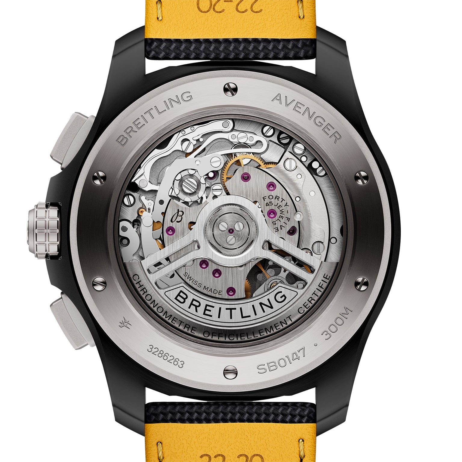 Close-up of the back of the Breitling Avenger B01 Chronograph 44 Night Mission, displaying its intricate Breitling 01 calibre movement through a transparent case back.