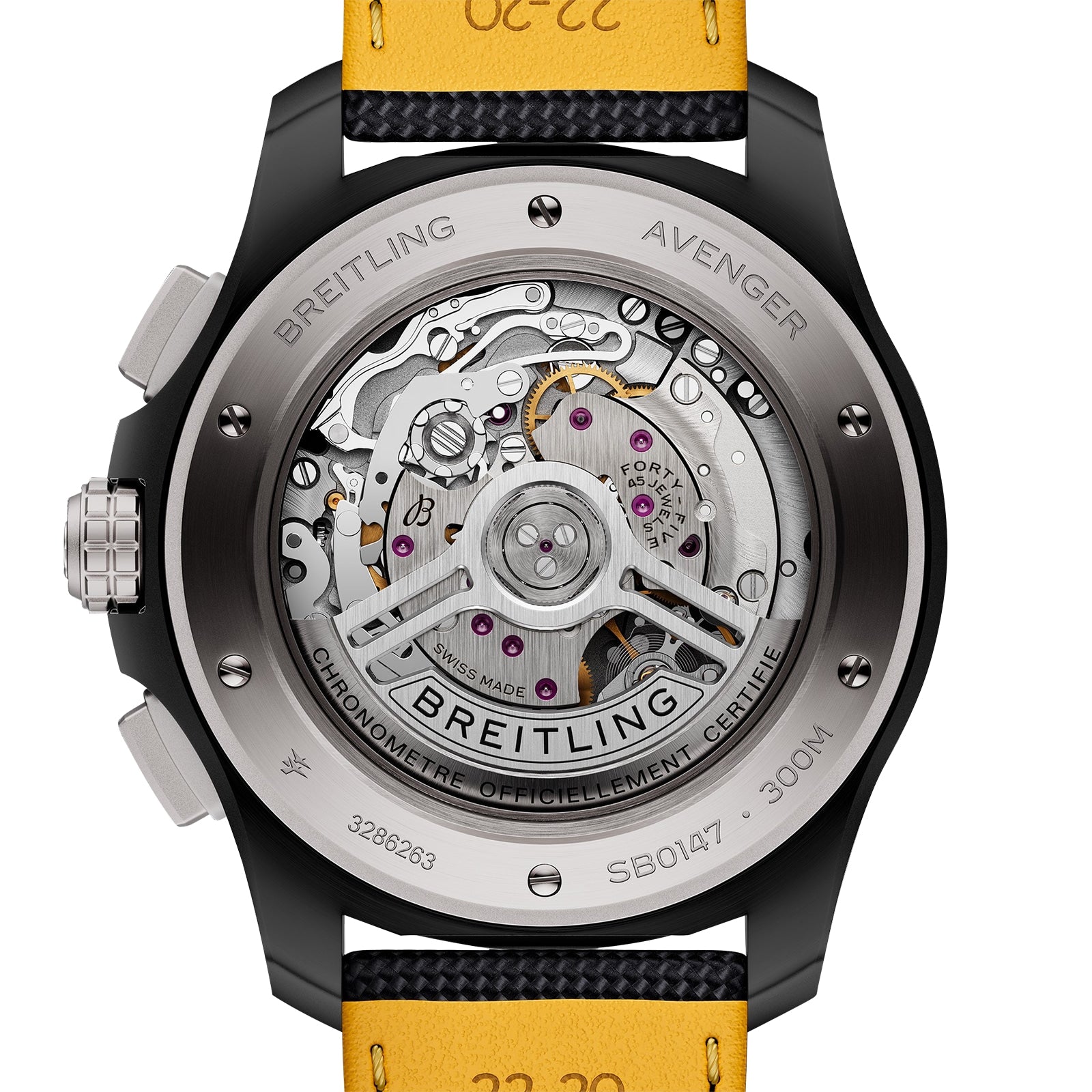 Close-up of the back of the Breitling Avenger B01 Chronograph 44 Night Mission, displaying its intricate Breitling 01 calibre movement through a transparent case back.
