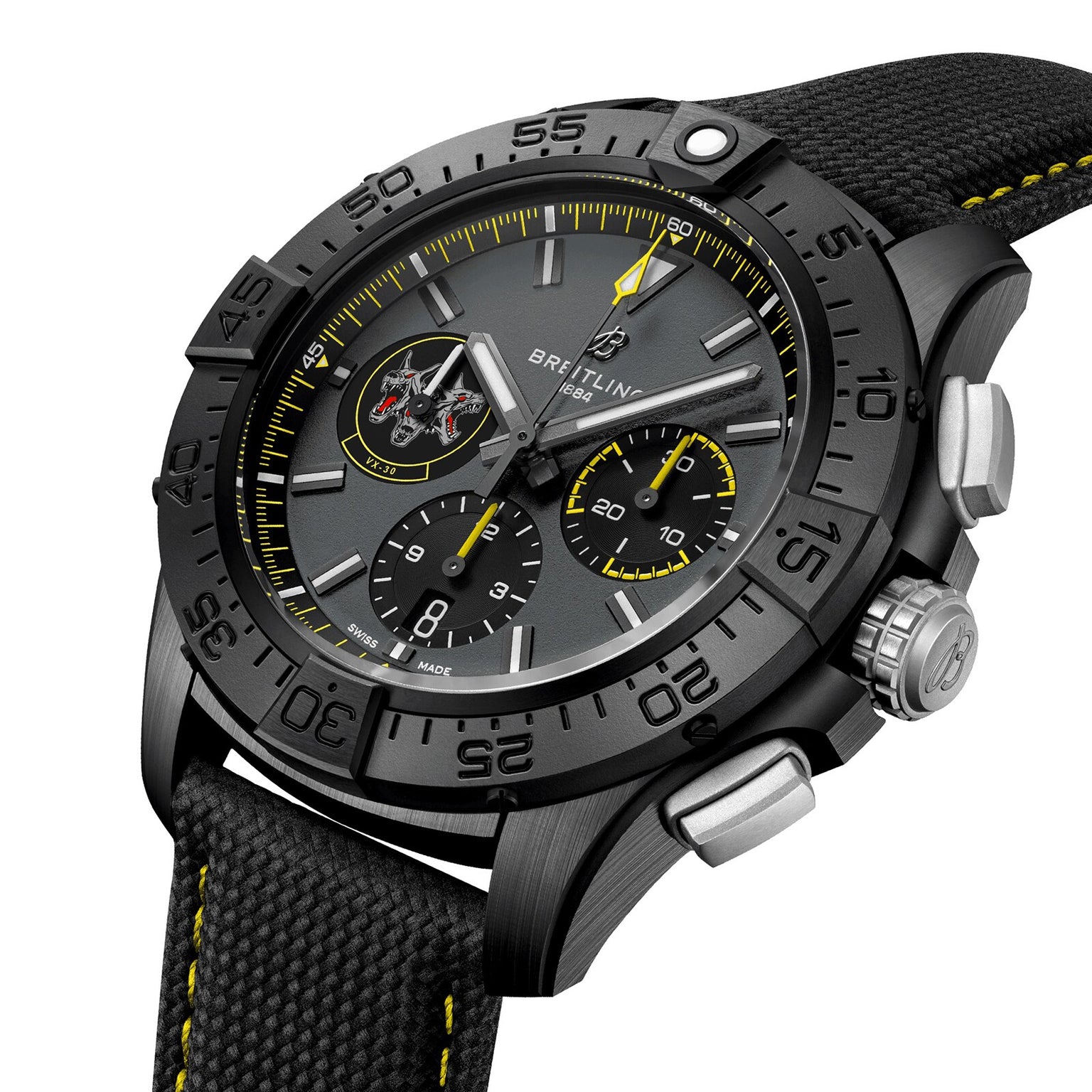 Close-up of the Breitling Avenger B01 Chronograph 44 Night Mission Bloodhounds, featuring a black case, fabric strap, yellow accents, three subdials, U.S. Navy logo, and powered by the Manufacture Caliber 01.