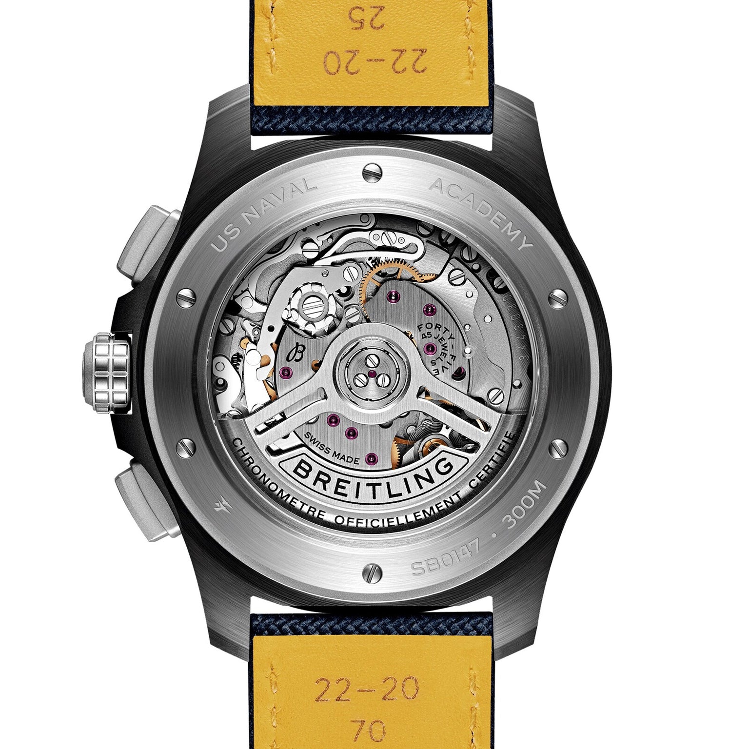 The back of the Breitling Avenger B01 Chronograph 44 Night Mission US Naval Academy showcases its exposed Manufacture Caliber 01 movement, engraved details, and yellow military leather strap.