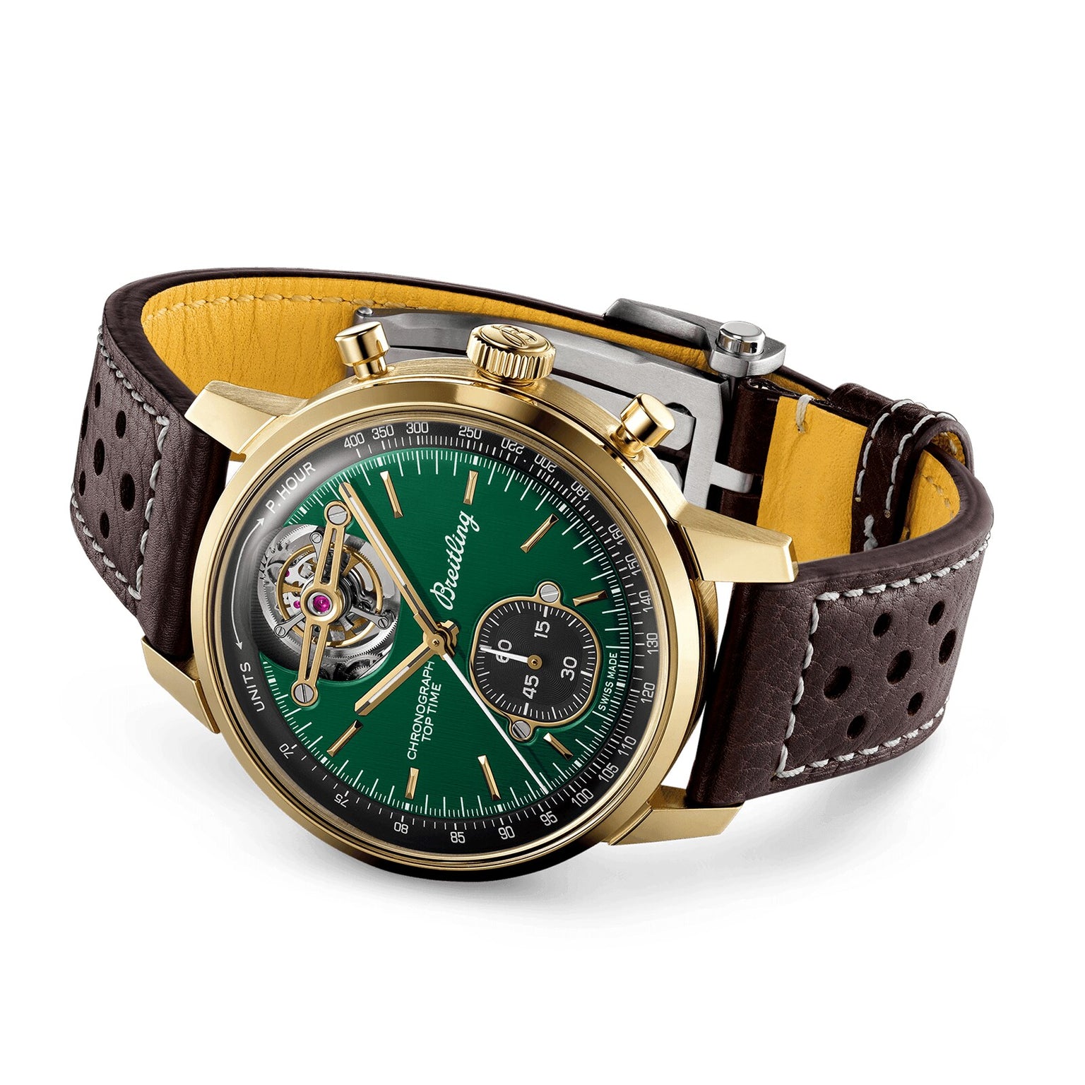 The Breitling Top Time B21 Ford Mustang features a gold case, green dial, brown perforated leather strap, exposed tourbillon, and chronograph subdial—evoking vintage dashboards and classic Mustang interiors.