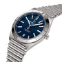 The Breitling Chronomat Automatic 36 Victoria Beckham features a blue dial, silver markers and hands, a date window at 6 o’clock, and a stainless steel link bracelet.