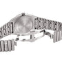 Back view of Breitling’s Chronomat Automatic 36 Victoria Beckham, a limited edition silver watch featuring an engraved case, metal link bracelet, fold-over clasp, and “Victoria Beckham” engraved on the back.