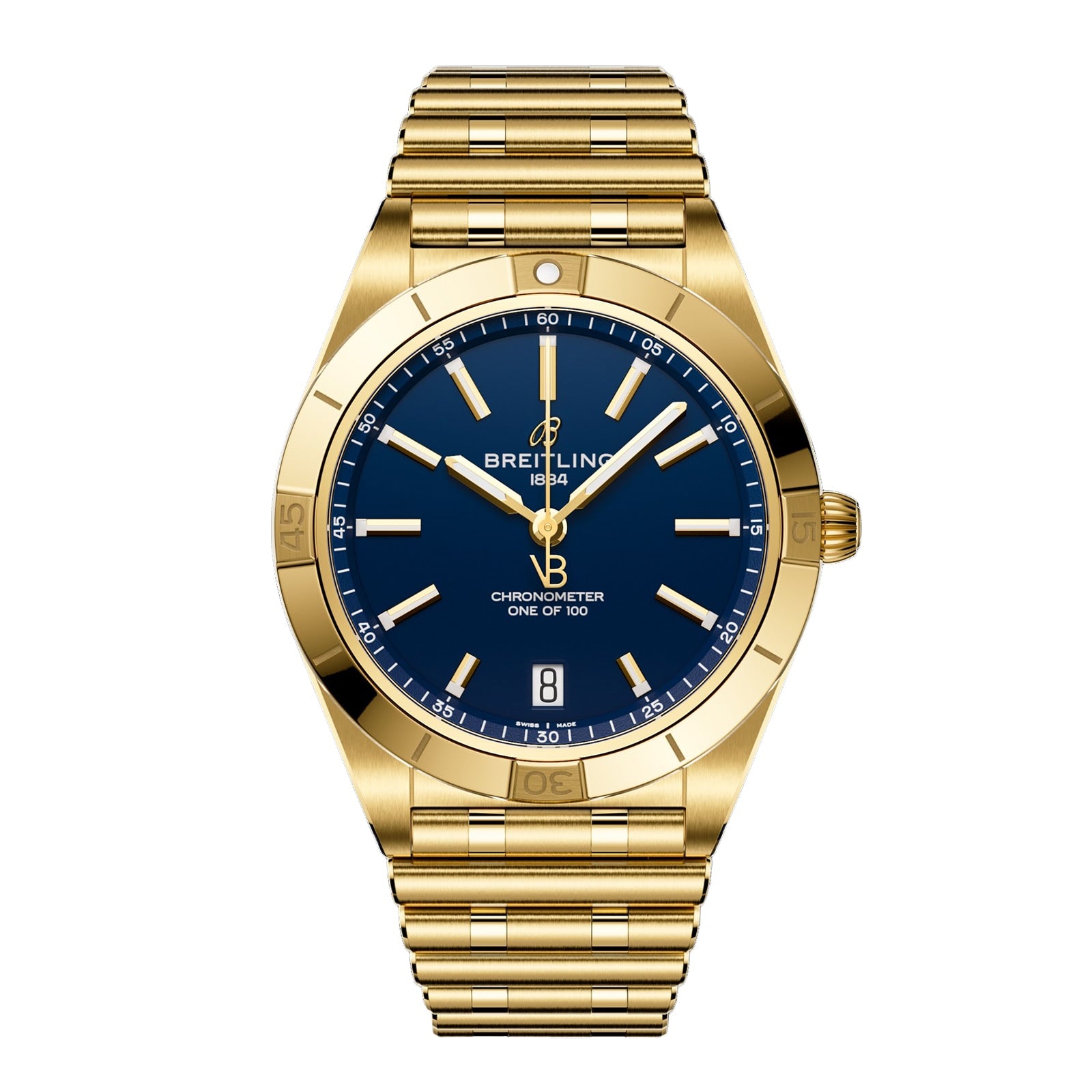 The Breitling Chronomat Automatic 36 Victoria Beckham is a gold watch with a blue dial, gold hour markers and hands, date window at 6 o’clock, and “Chronometer One of 100” text—an exclusive limited edition.