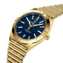 The Chronomat Automatic 36 Victoria Beckham by Breitling is a limited edition gold wristwatch featuring a blue dial, gold hour markers and hands, metal link band, and the Breitling name on the face.