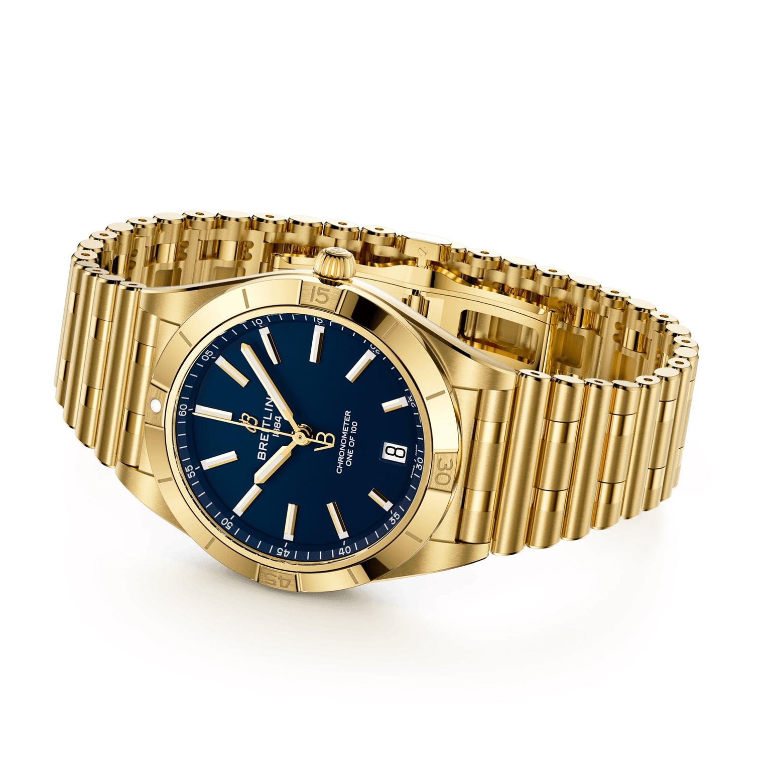 The Breitling Chronomat Automatic 36 Victoria Beckham is a gold wristwatch featuring a black dial, metal link bracelet, and date display, shown on a white background.