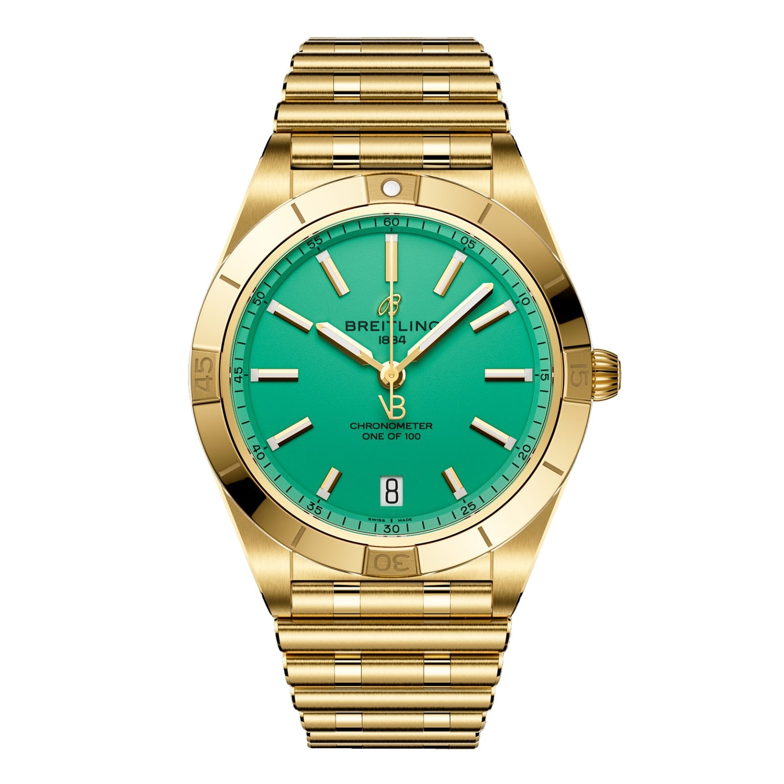 The Breitling Chronomat Automatic 36 Victoria Beckham features a gold case, turquoise dial, gold markers and hands, date at 6 o’clock, metal bracelet, and is a limited edition collaboration. Dial: Breitling 1884 Chronometer One of 100.
