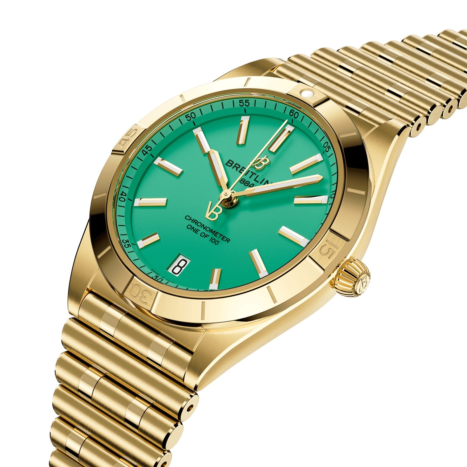 The Chronomat Automatic 36 Victoria Beckham by Breitling is a limited edition gold wristwatch featuring a green face, gold hour markers, and a metal link band.