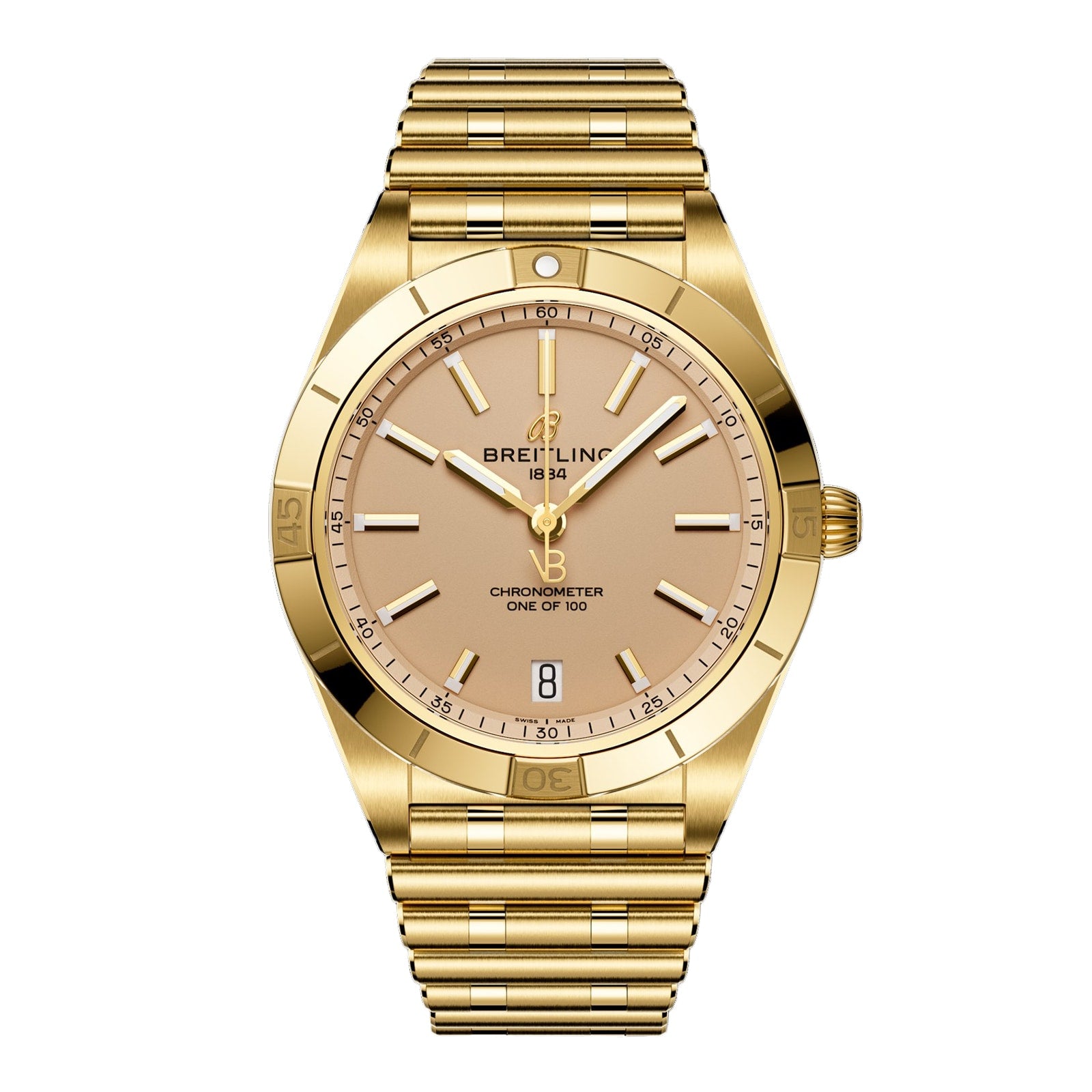 A limited-edition Breitling Chronomat Automatic 36 Victoria Beckham in 18K yellow gold, featuring a tan dial, date at 6 o’clock, metal link bracelet, and “One of 100” markings from the exclusive collaboration.