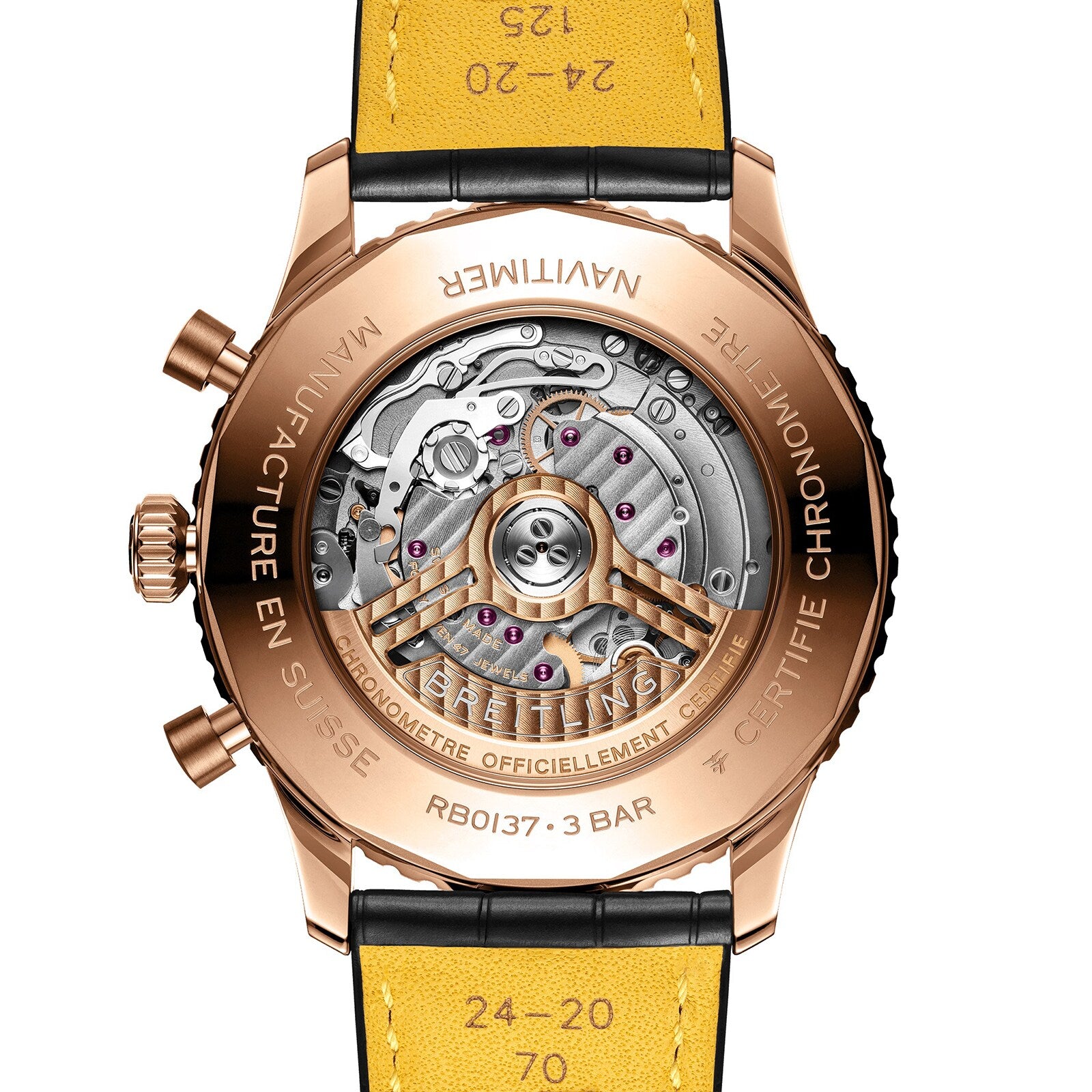 The back of the Breitling Navitimer B01 Chronograph 46 unveils its detailed mechanical movement, engraved case elements, and a bold black and yellow leather strap.
