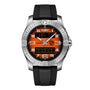 The Breitling Aerospace B70 Orbiter is a stainless steel wristwatch featuring an orange analog-digital display with white numerals and a black rubber strap, blending aviation heritage with multifunctional design.