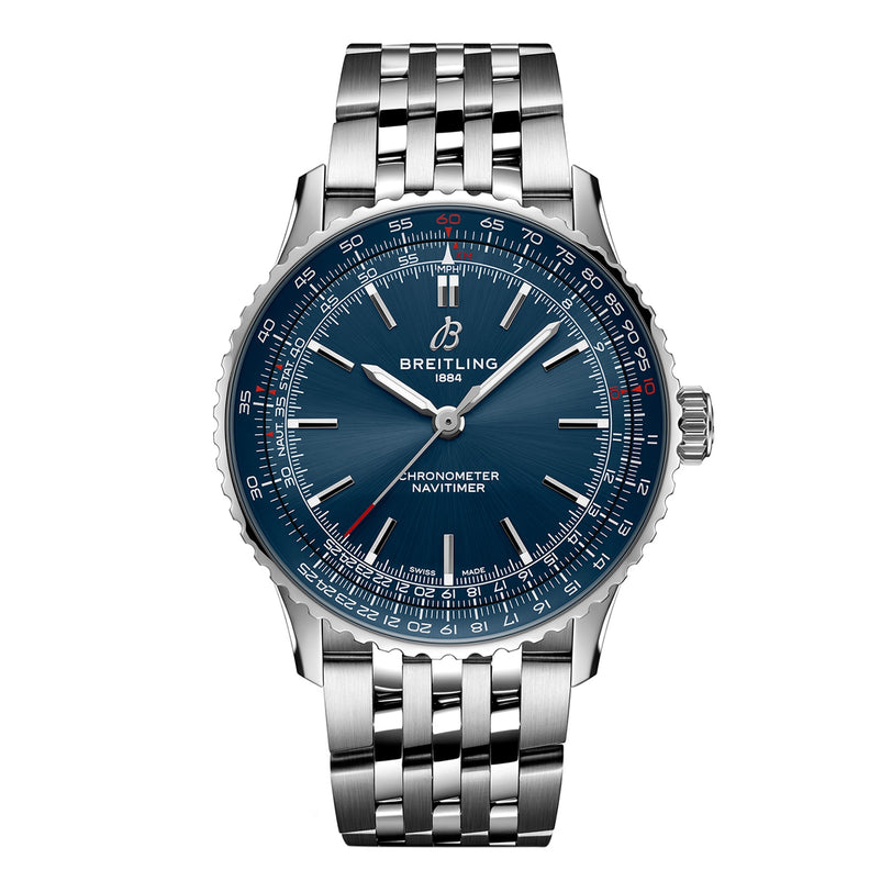 The Breitling Navitimer Automatic 41 is a stainless steel watch featuring a blue dial, silver indices, and a metal link bracelet, reflecting its aviation legacy and signature chronometer functionality.