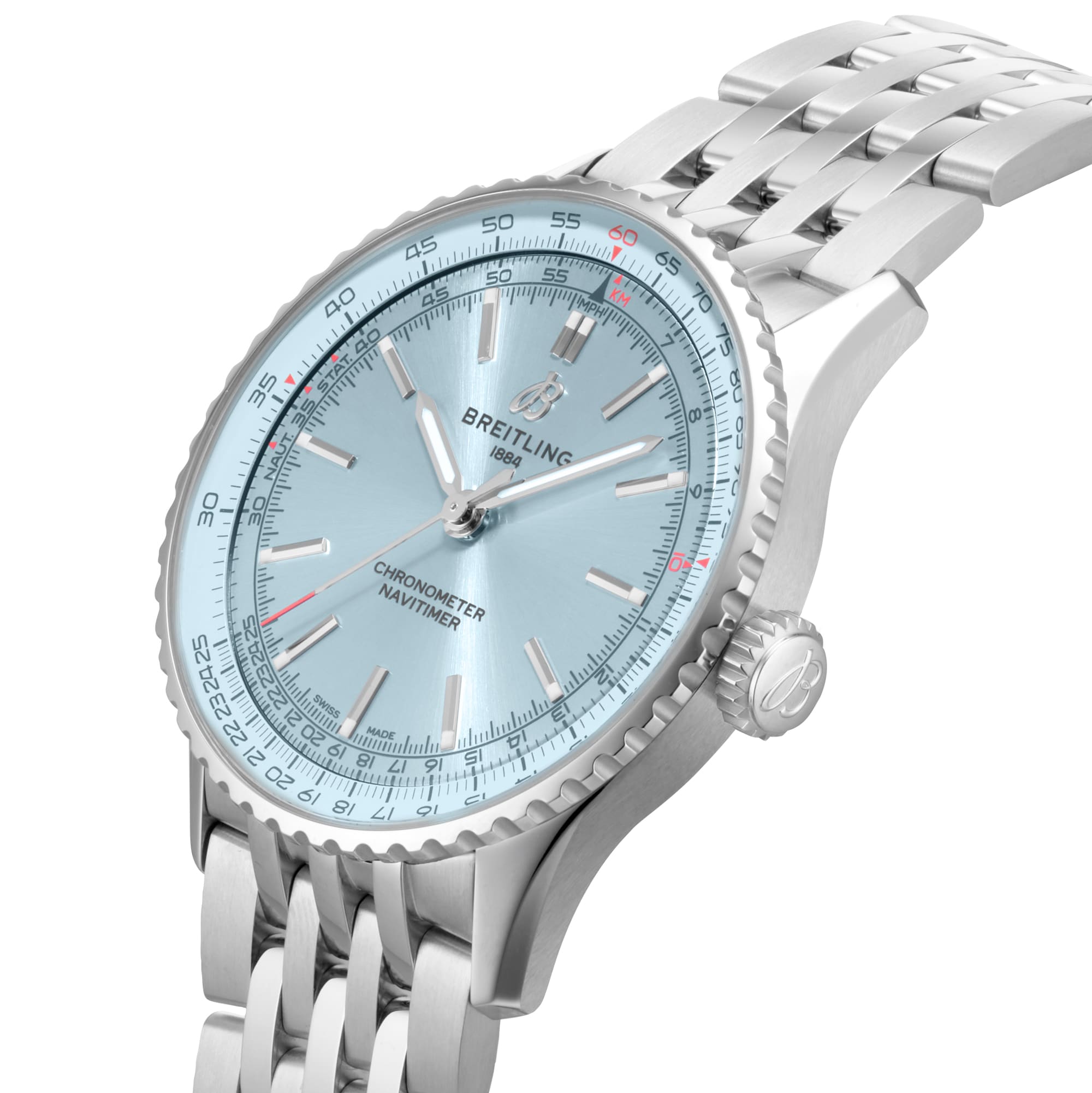 The Breitling Navitimer Automatic 41 is shown at an angle, featuring a stainless steel case, light blue dial with silver indices, and a metal link bracelet—highlighting the model’s aviation-inspired design.