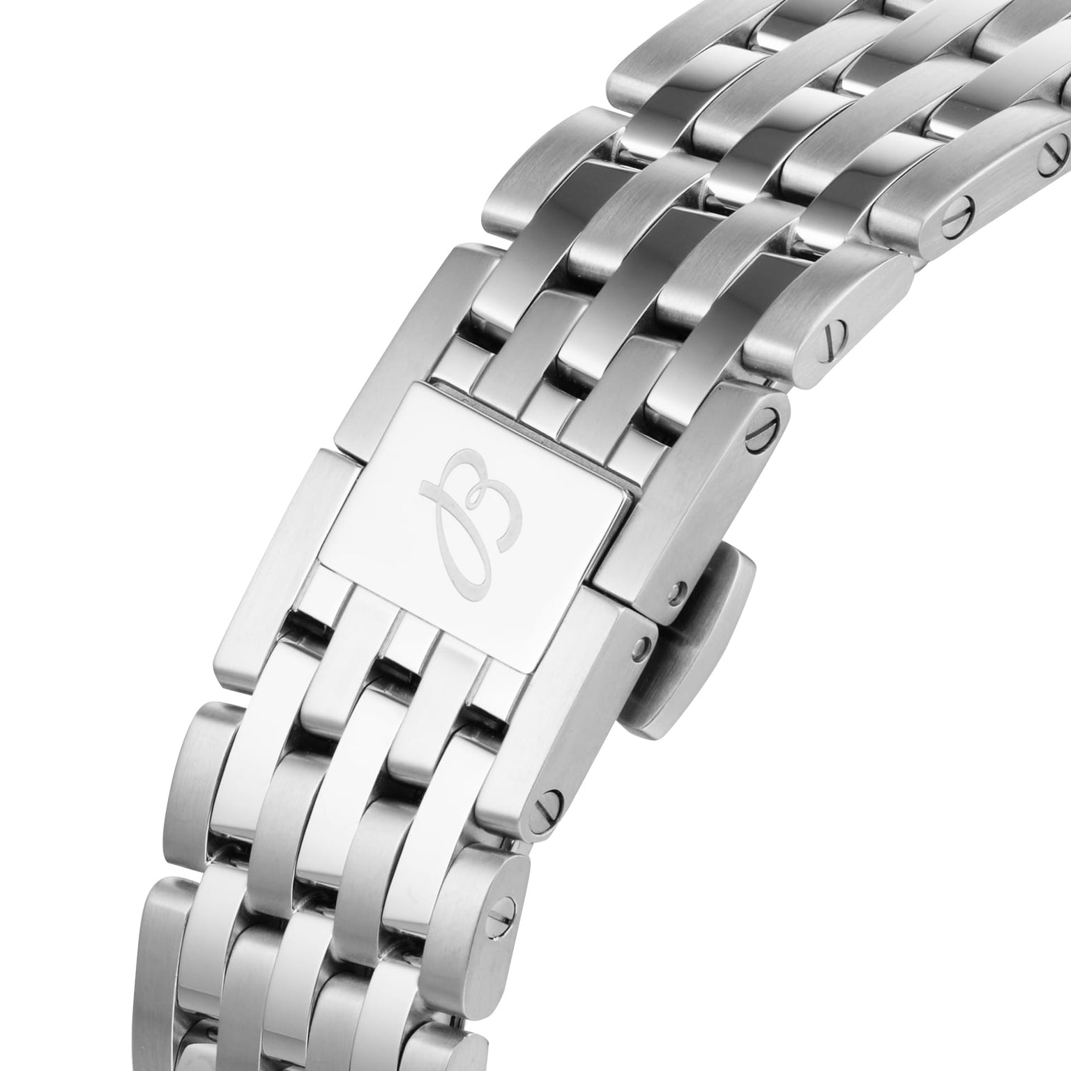 Close-up of a stainless steel bracelet with a clasp engraved with the B logo, highlighting the aviation-inspired design of the Breitling Navitimer Automatic 41.