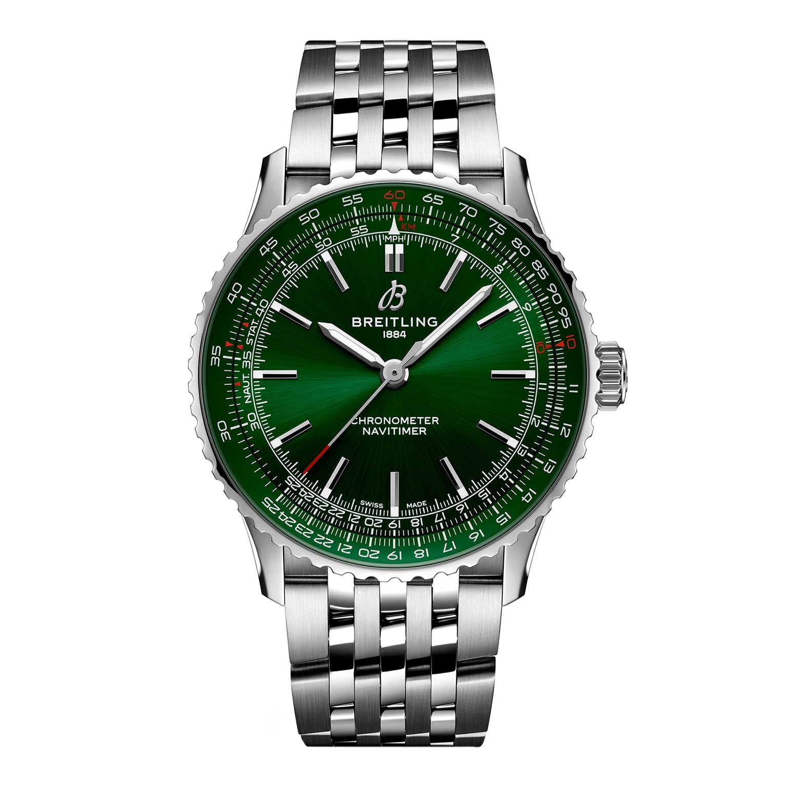 The Breitling Navitimer Automatic 41 features a striking green dial, silver hands, white hour markers, stainless steel case, and a classic metal link bracelet.