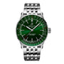 The Breitling Navitimer Automatic 41 features a striking green dial, silver hands, white hour markers, stainless steel case, and a classic metal link bracelet.