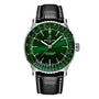 A Breitling Navitimer Automatic 41 pilot’s watch with a green dial, silver markers, and a black leather strap, pictured from the front.