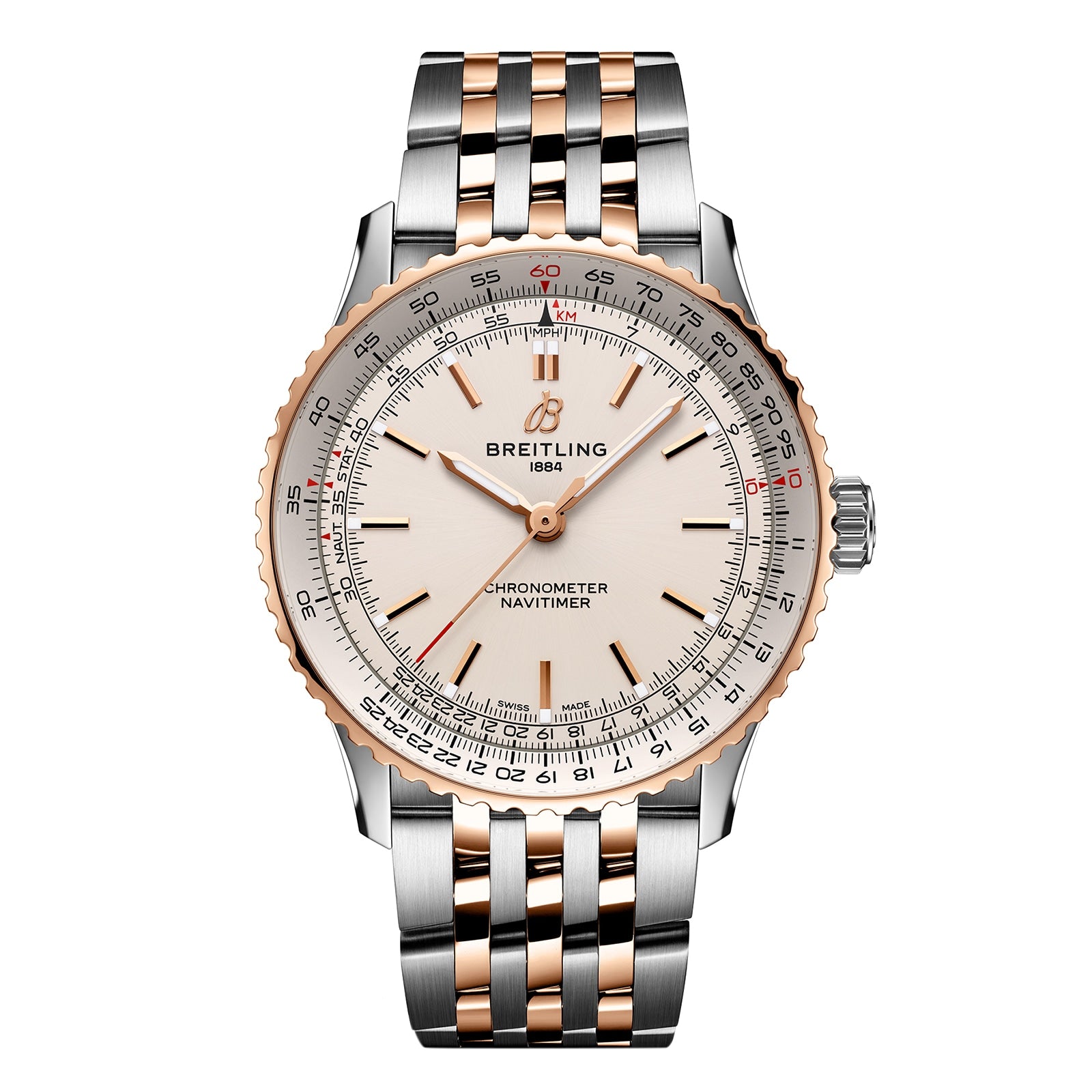 The Breitling Navitimer Automatic 41 features a silver and rose gold metal band, cream dial, multiple scale markings on the bezel, and is powered by the precise Breitling Calibre 17 movement.