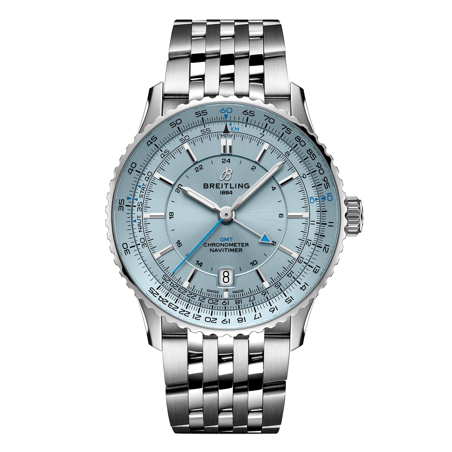 The Breitling Navitimer Automatic GMT 41 features a blue dial, silver hour markers, and a stainless steel bracelet. It displays the date and multiple time zones—ideal for fans of mechanical chronographs.