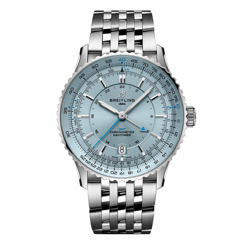 The Breitling Navitimer Automatic GMT 41 features a blue dial, silver hour markers, and a stainless steel bracelet. It displays the date and multiple time zones—ideal for fans of mechanical chronographs.