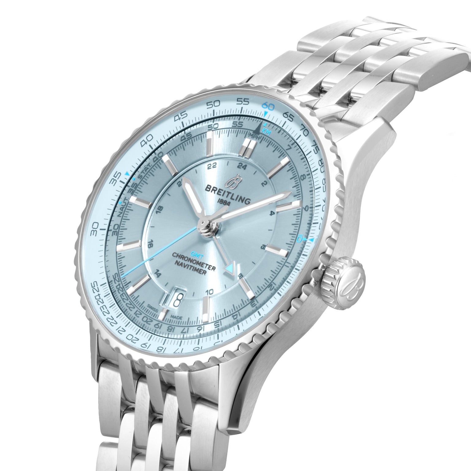 The Breitling Navitimer Automatic GMT 41 features a silver case, light blue dial, metal bracelet, and detailed markers. The watch is angled to display its face and bezel, emphasizing its classic design and chronograph heritage.