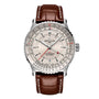 The Breitling Navitimer Automatic GMT 41 features a silver dial, 41mm stainless steel case, brown leather strap, multiple subdials, and a date window at 6 o’clock.