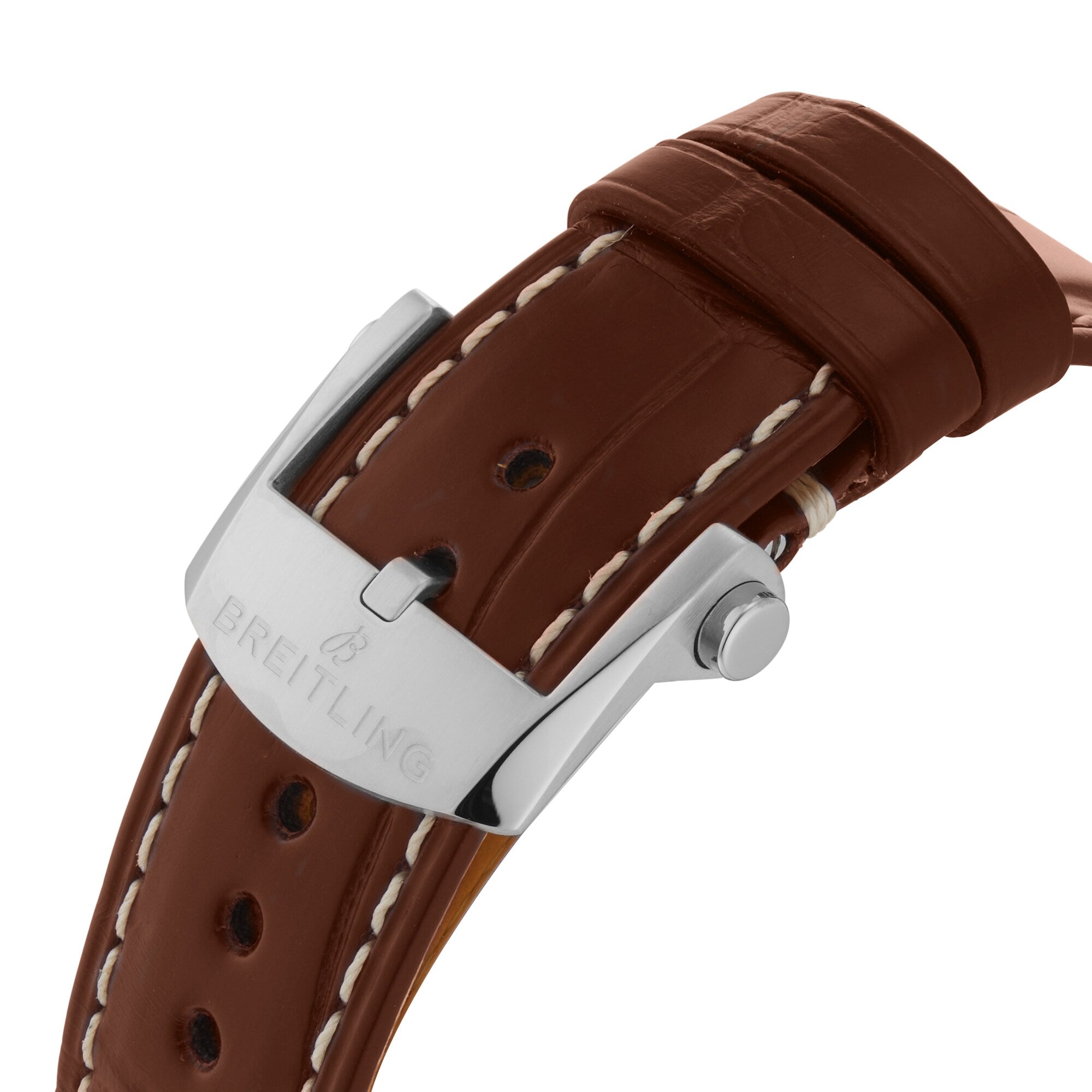 Close-up of a brown leather strap with white stitching and a silver buckle engraved with the Breitling logo, perfectly complementing the 41mm stainless steel case of the Breitling Navitimer Automatic GMT 41.