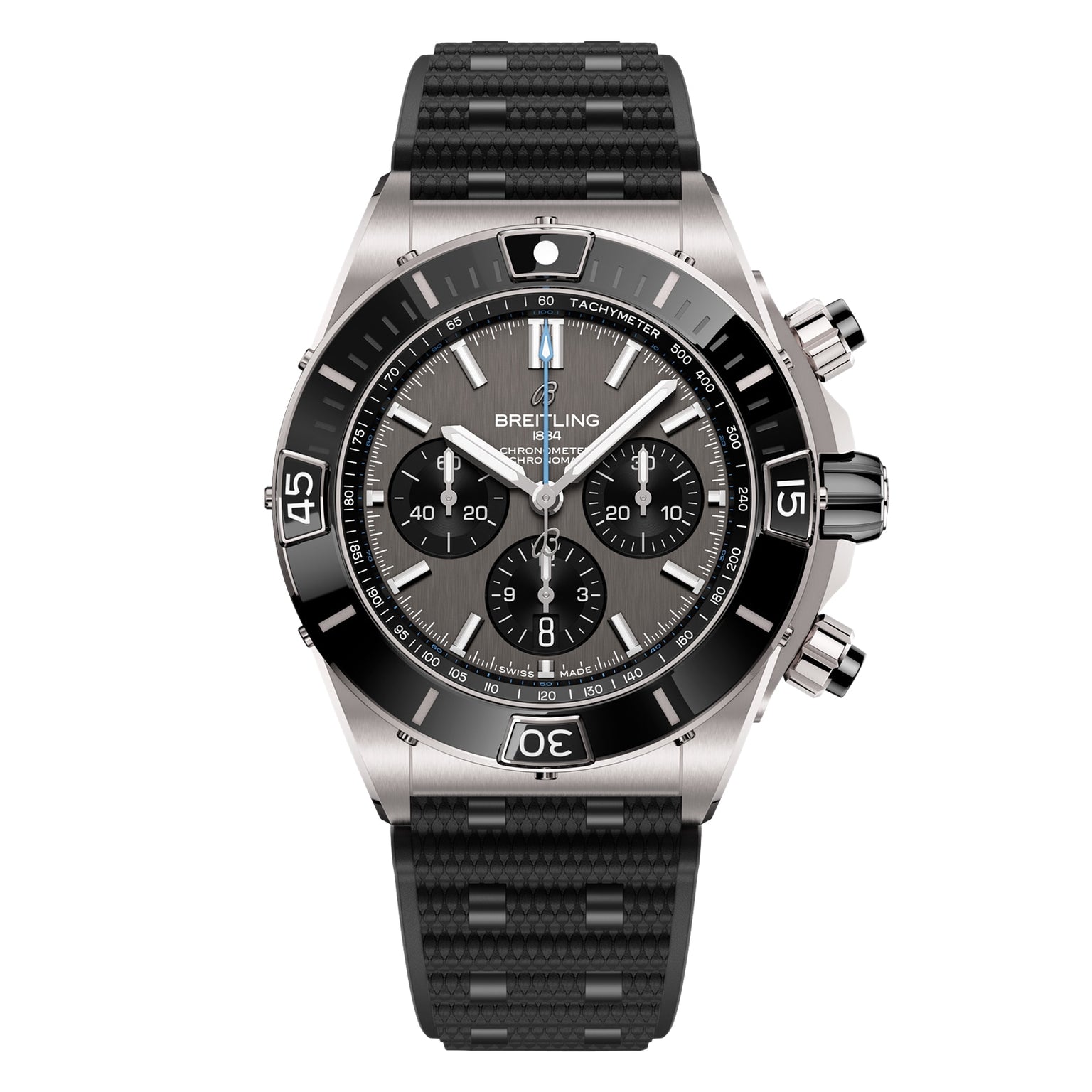 The Breitling Super Chronomat B01 44 is a stainless steel chronograph watch with a black bezel, black textured strap, three subdials, and tachymeter function for precise timekeeping.